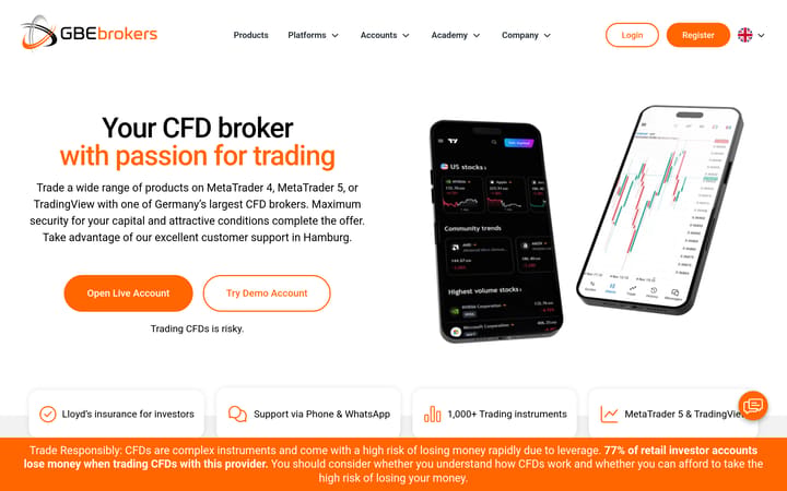 página inicial do site da gbebrokers